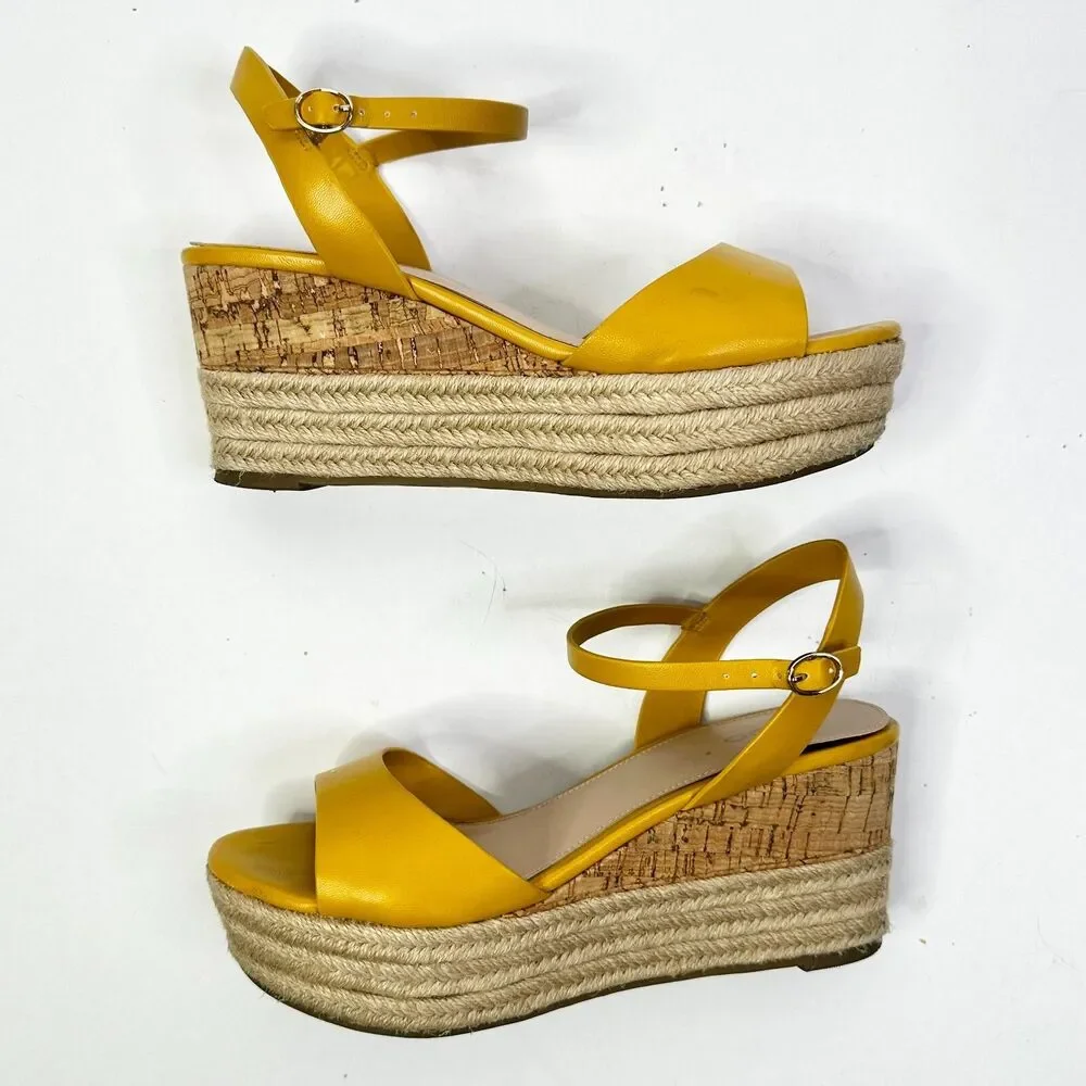 Aldo Sandals Women 9 Yellow Cork Platform Wedge Shoe Ankle Strap Festival Boho